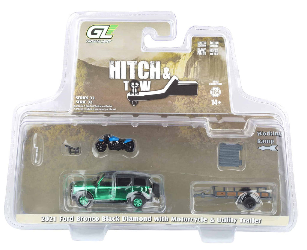 #32320-CG 1/64 2021 Ford Bronco Black Diamond with Utility Trailer & Motorcycle - Green Machines Chase