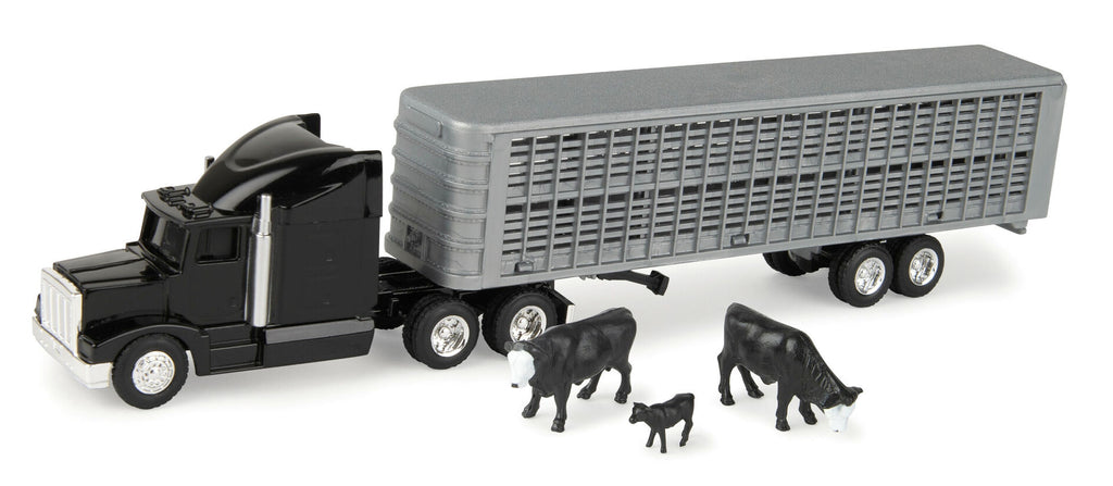 #45967 1/64 Black Peterbilt Semi with Livestock Trailer & Cattle