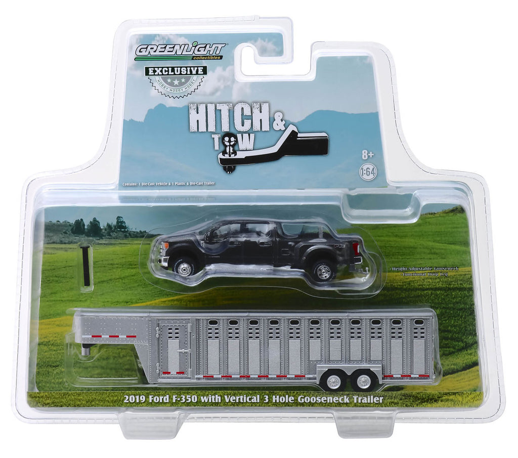 #51301C 1/64 Magnetic Silver 2019 Ford F-250 Lariat Dually with Silver 3-Hole 30 Foot Tandem Axle Gooseneck Livestock Trailer