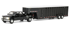 #51587-A 1/64 Black 1998 Chevrolet Silverado 3500 Extended Cab Dually Pickup with Black Vertical 3-Hole Gooseneck Livestock Trailer