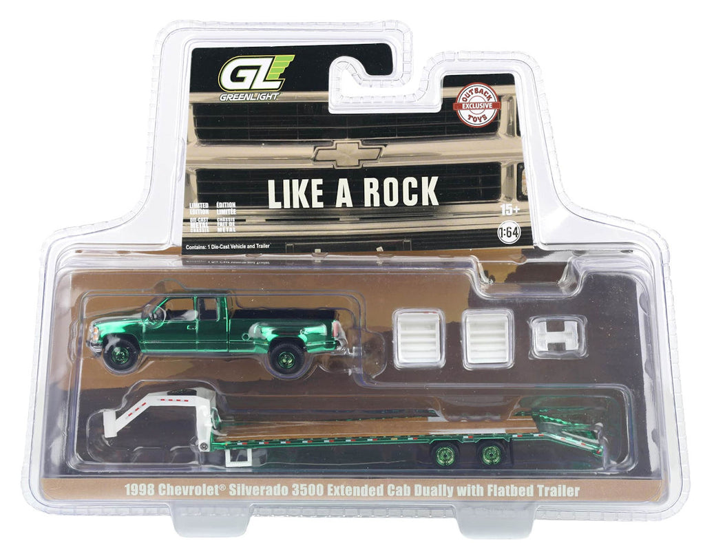 #51588-AC 1/64 1998 Chevrolet Silverado 3500 Extended Cab Dually Pickup with Gooseneck Flatbed Trailer - Green Chrome Chase