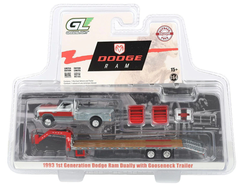 #51661-BR 1/64 1993 1st Gen Dodge Ram Dually Flatbed Truck with Gooseneck Flatbed Trailer - Raw Metal Chase