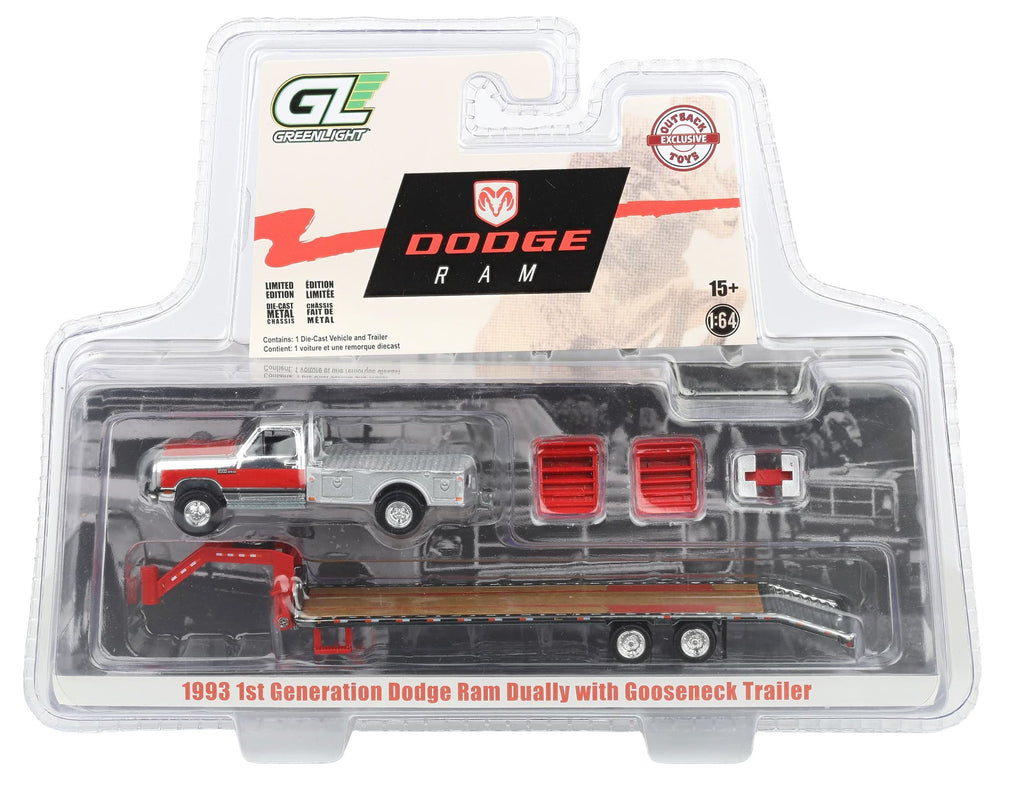 #51661-BC 1/64 1993 1st Gen Dodge Ram Dually Flatbed Truck with Gooseneck Flatbed Trailer - Silver Chrome Chase