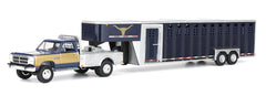 #51662-A 1/64 Navy & Gold 1992 1st Gen Dodge Ram Dually Flatbed Truck with Charcoal Vertical 3-Hole Gooseneck Livestock Trailer