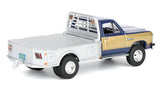 #51662-A 1/64 Navy & Gold 1992 1st Gen Dodge Ram Dually Flatbed Truck with Charcoal Vertical 3-Hole Gooseneck Livestock Trailer