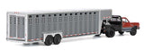 #51662-B 1/64 Maroon & Charcoal 1992 1st Gen Dodge Ram Dually Flatbed Truck with Charcoal Vertical 3-Hole Gooseneck Livestock Trailer
