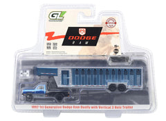 #51662-BC 1/64 1992 1st Gen Dodge Ram Dually Flatbed Truck with Vertical 3-Hole Gooseneck Livestock Trailer - Blue Chrome Chase