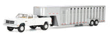 #51664-A 1/64 White 1992 dodge Ram W-350 Dually Pickup with Toolbox & Silver Vertical 3-Hole Gooseneck Livestock Trailer