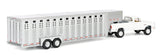 #51664-A 1/64 White 1992 dodge Ram W-350 Dually Pickup with Toolbox & Silver Vertical 3-Hole Gooseneck Livestock Trailer