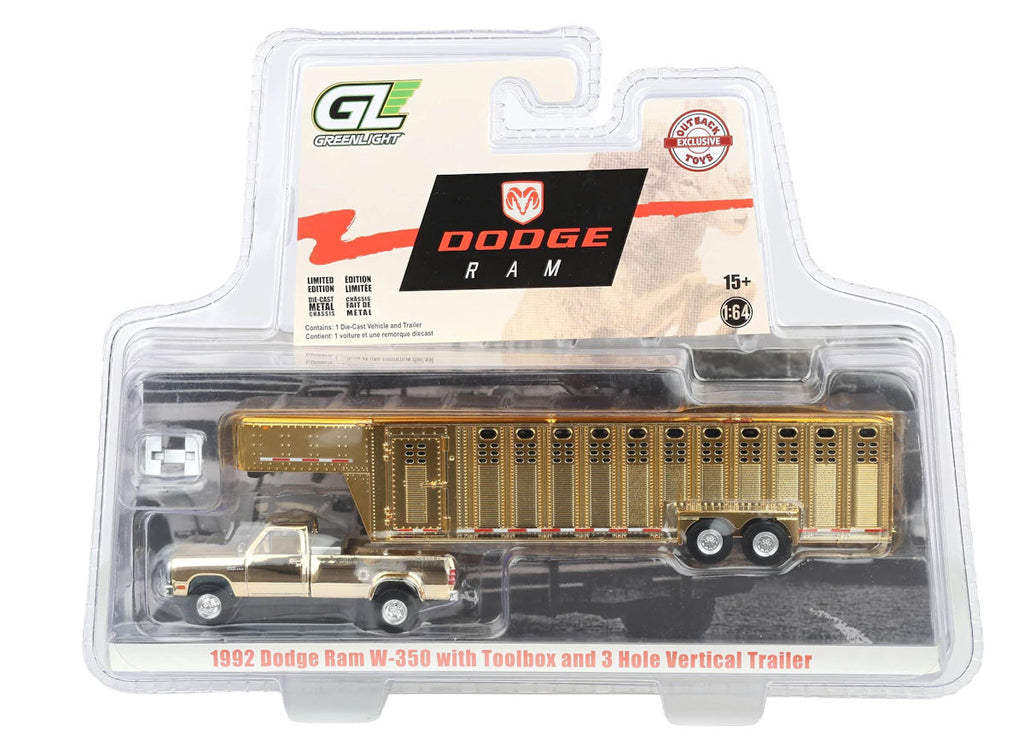 #51664-AC 1/64 1992 Dodge Ram W-350 Dually Pickup with Toolbox & Vertical 3-Hole Gooseneck Livestock Trailer - Gold Chrome Chase