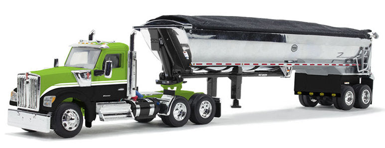 #60-1660 1/64 Lime Green & Black Kenworth W990 Day Cab & MAC Half Round End Dump Trailer