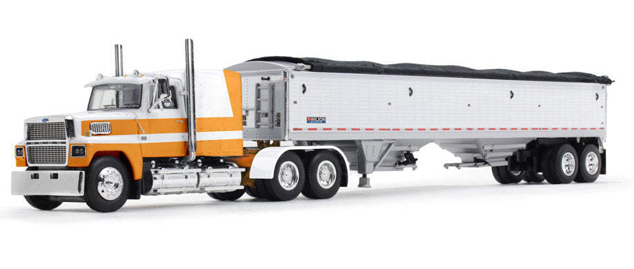 #60-1798 1/64 Orange & White Ford LTL 9000 with 60" Flat Top Sleeper & Wilson Pacesetter Grain Trailer