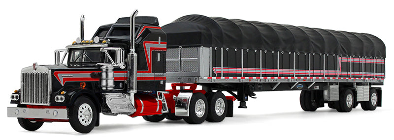 #60-2056 1/64 Black & Red Kenworth W900A with 60" Aerodyne Sleeper & 53' Wilson Roadbrute Flatbed Spread-Axle Trailer with Covered Wagon