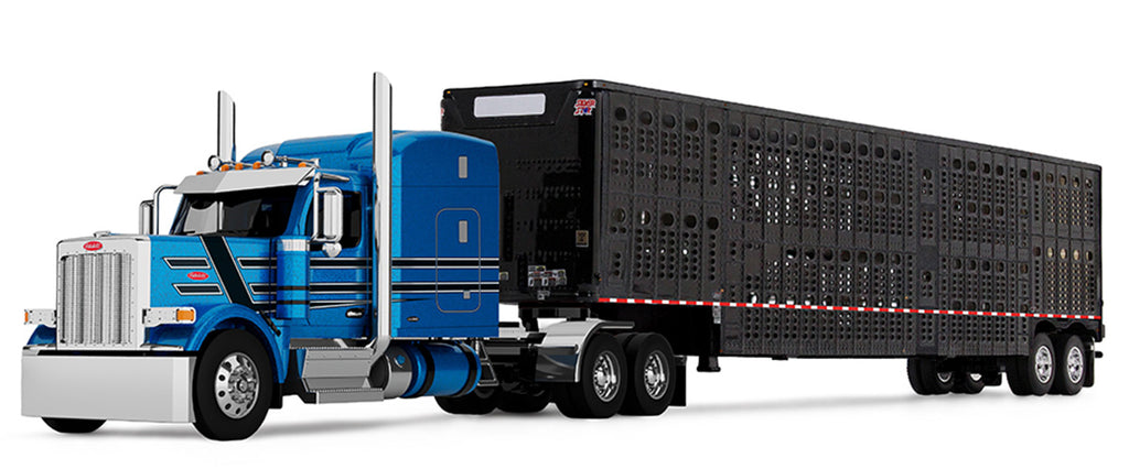 #60-2172 1/64 Bright Blue & Black Peterbilt Model 589 with 72" Mid-Roof Sleeper & Black Wilson Silverstar Tandem Axle Livestock Trailer