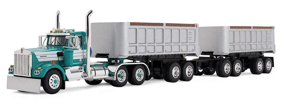 #60-2291 1/64 Turquoise & White Kenworth W900A Day Cab & 22' Dual End Dump Pup Trailers