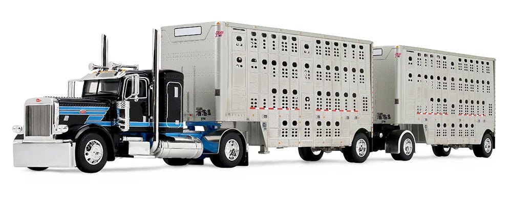 #60-2341 1/64 Black & Cyan Peterbilt Model 389 with 36" Flat Top Sleeper & 28' Wilson Silverstar Double Livestock Trailers