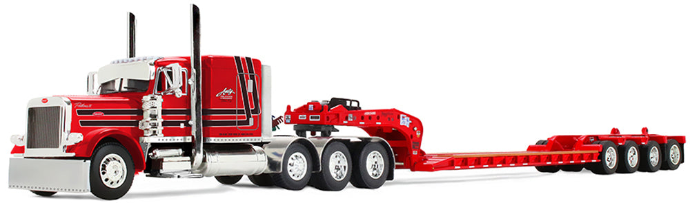 #60-2355 1/64 Anty Trucking & Rigging Red Peterbilt Model 379 with 63" Flat Top Sleeper & Fontaine Magnitude Lowboy Trailer with Fliptail