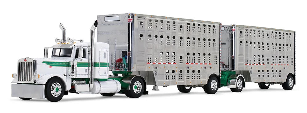 #60-2433 1/64 White & Green Peterbilt Model 389 with 36" Flat Top Sleeper & 28' Wilson Silverstar Double Livestock Trailers