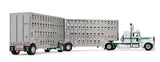 #60-2433 1/64 White & Green Peterbilt Model 389 with 36" Flat Top Sleeper & 28' Wilson Silverstar Double Livestock Trailers