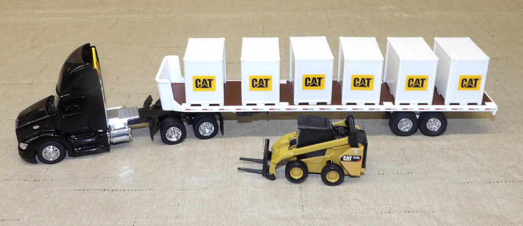 #84675 1/64 Black Peterbilt 579 with Flatbed Trailer, Cat 272D Skid Steer Loader & Pallet Boxes