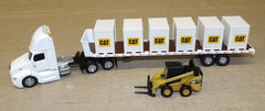 #84676 1/64 White Peterbilt 579 with Flatbed Trailer, Cat 272D Skid Steer Loader & Pallet Boxes