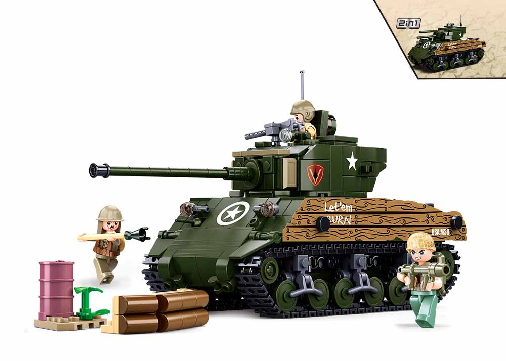 #B1110 WWII Sherman M4A3 Pacific Battle Tank 2-in-1 Building Brick Set