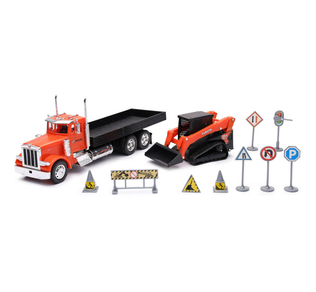 34023A 1/32 Kubota Compact Track Loader with Peterbilt Flatbed Truck Set