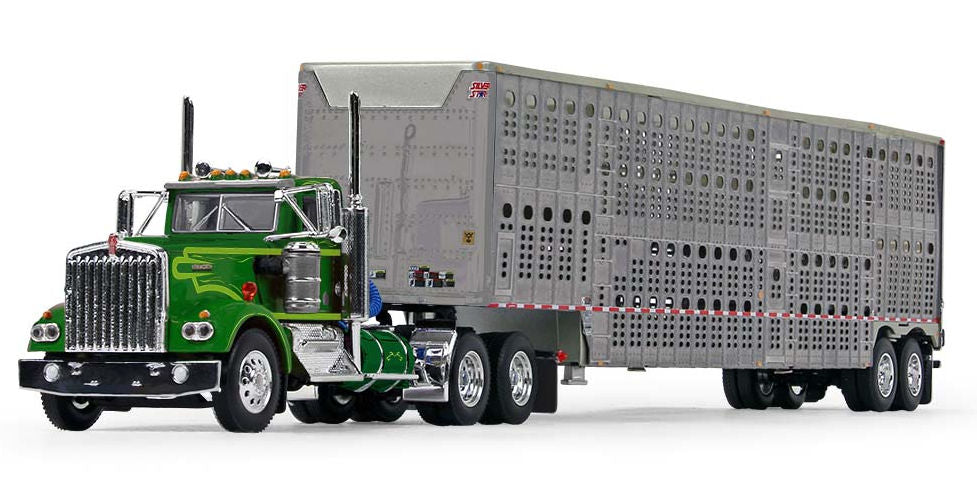 #60-1263 1/64 Green Kenworth W900A Day Cab with Wilson Silverstar Tandem Axle Livestock Trailer