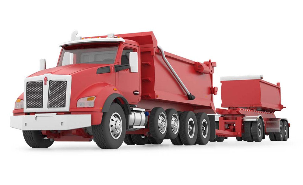 #60-1278 1/64 Viper Red Kenworth T880 Quad-Axle with Rogue Dump Body & Rogue Transfer Tandem Axle Dump Trailer